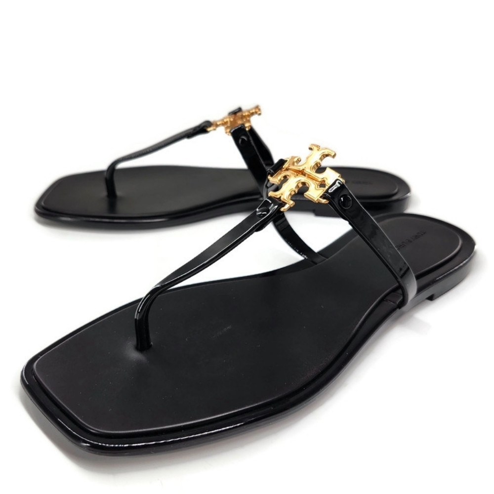 Tory Burch Roxanne Black Jelly Gold Double T Logo T-Strap Slide-On Thong Sandals - Picture 2 of 9